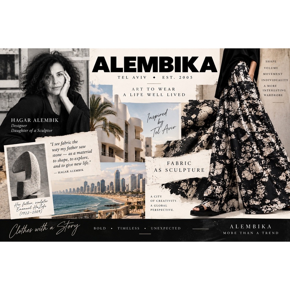 Alembika Size 1 Wide Leg Palazzo Pants Black Cream Abstract Stretch Israel